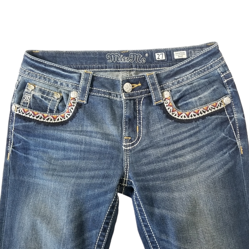 MISS ME Signature Boot Denim Jeans Size 27 Embroidered Rhinestone Bling - Picture 3 of 15